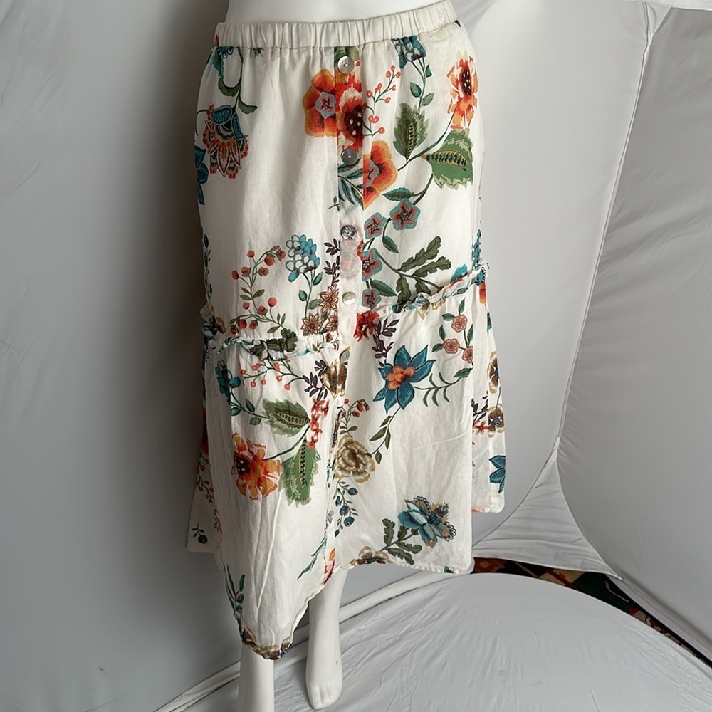Johnny Was Ardell ecru multicolor tiered ruffle button embellished maxi skirt